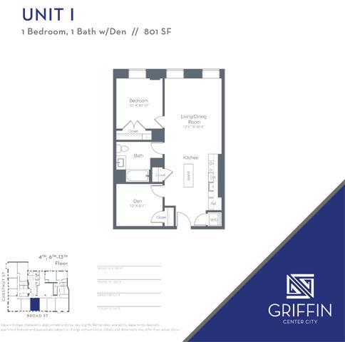 Floor plan for 1 bed, 1 bath, 801 sqft